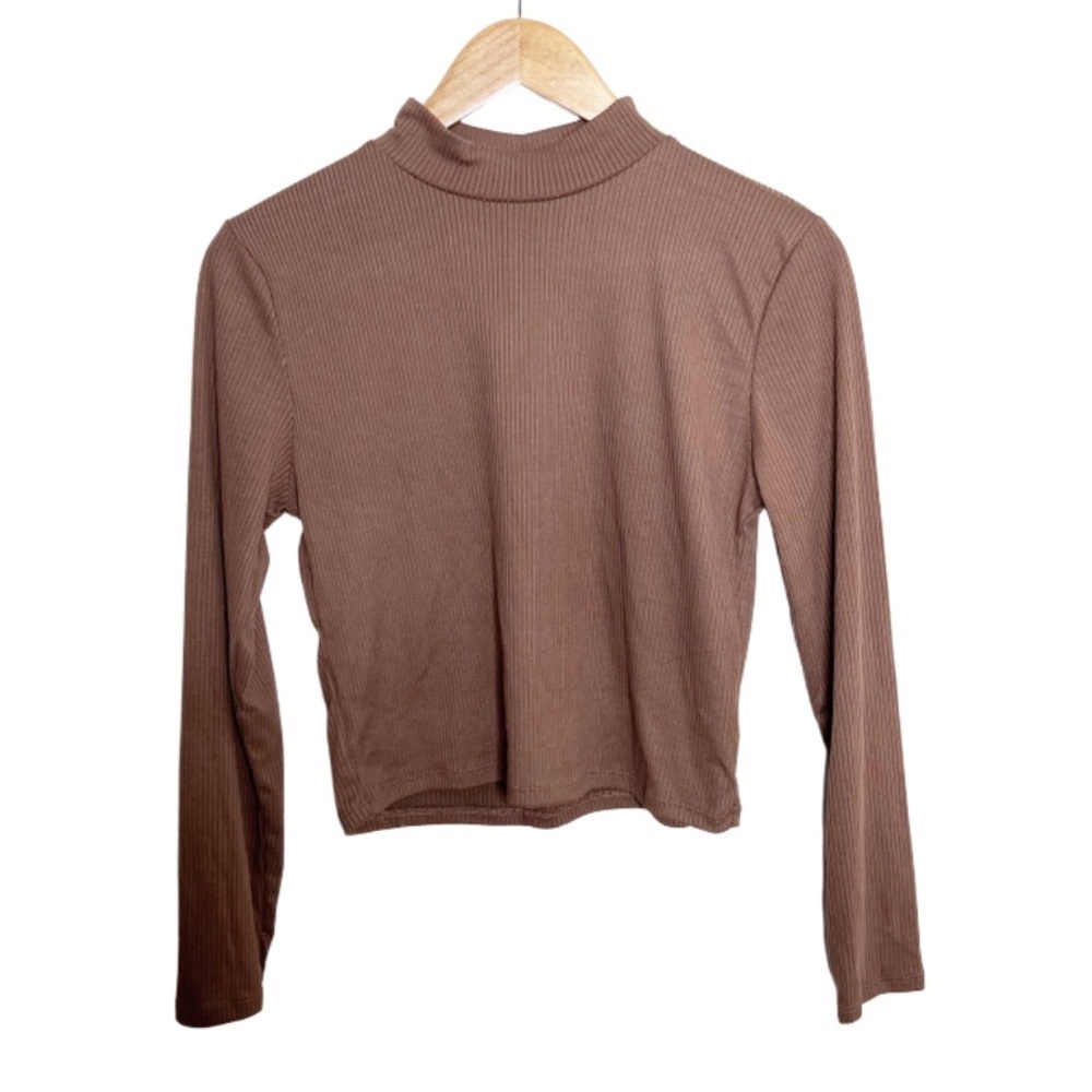 Brit + Bri Womens Brown Ribbed Mock Neck Cropped Long‎ Sleeve Top Women's Medium